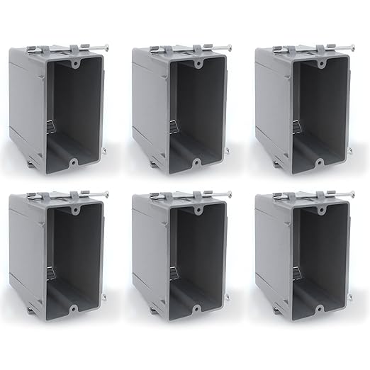 (Pack of 6) Plastic Electrical Box, Grey Outlet Box, Single Gang New Work Junction Box, Captive Nails, 20 cu. Inches, Length 3-5/8'', Width 2-1/8'', Depth 3-1/4''