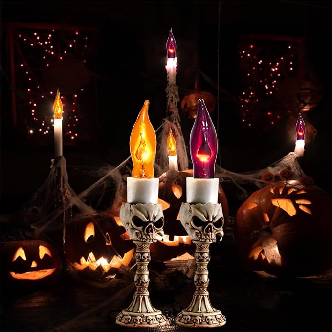 12 Pack C7 Clear Orange and Purple Flickering Flame Replacement Bulbs for String Lights Outdoor, E12 Screw Base, Flame Bulbs for Halloween Indoor Outdoor Roofline Garden Patio Party Decorations