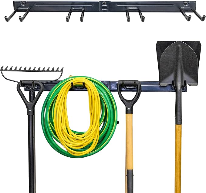 StoreYourBoard Wall-Mounted Rack With 4 Garage Hooks – Heavy-Duty Steel Holder Garage & Garden Storage for Shed, Workshop, or Home Organization – For Rakes, Shovels, Tools & More – 1 Pack, Deep Water