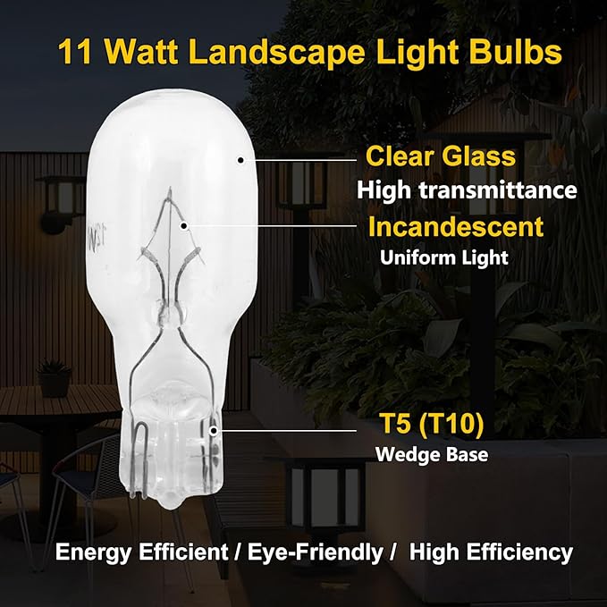 12-Pack 12 Volt 11 Watt Low Voltage T5 Landscape Light Bulbs for Malibu lights Landscape, Appliance, RV, Outdoor Landscape Lights Lamp -1/4 Wedge Base Small Light Bulbs,2800K Warm White,CRI 85, Clear