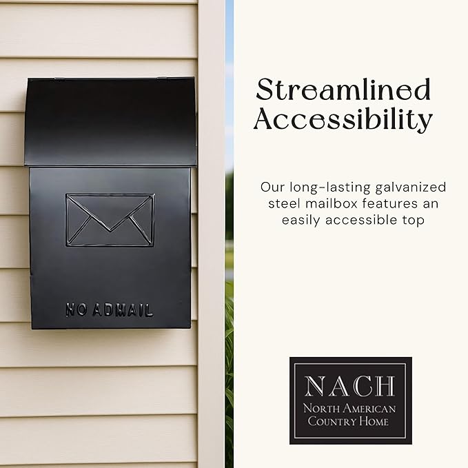 NACH Mailboxes for Outside Wall Mount, 15 x 9.5 x 4 inches, Black Wall Mounted Mailbox and Newspaper Holder, Waterproof Mailbox for Door - The No Admail Milano Mailbox
