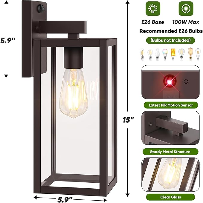Upgraded Motion Sensor Outdoor Wall Light, Large Size Dusk to Dawn Porch Light Outdoor Wall Sconce Lantern, 3 Lighting Modes Exterior Lighting Fixture Wall Mount, Outside Light for House Garage, Brown