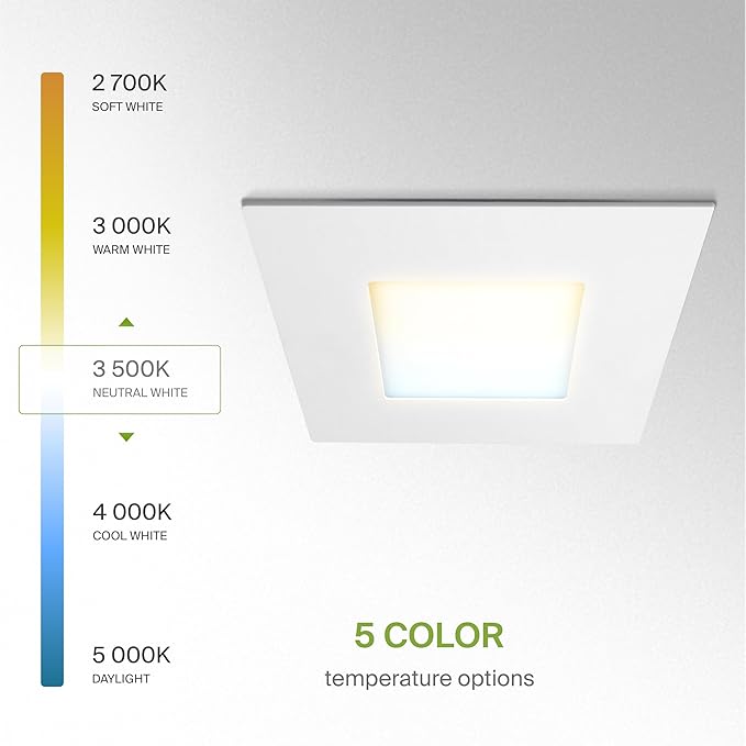 ASD 6 Pack LED Recessed Square Ceiling Light 6 Inch with Round Back, 5 CCT 2700K-5000K, Ultra-Thin Dimmable Wafer Lights with Junction Box, 15W 1266LM Canless Recessed Lighting, Slim LED Downlight, UL