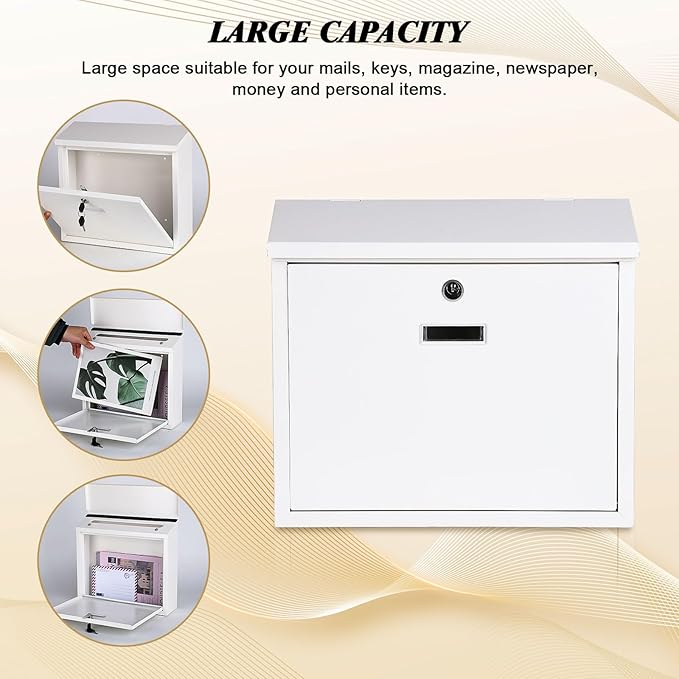 xydled Mail Boxes with Key Lock,Locking Mailbox Wall Mounted,Security Metal Mailbox Drop Box, Modern Large Capacity,Steel Cover Metal Postbox for House Home Outside, White, 14.2''x12.6''x4''