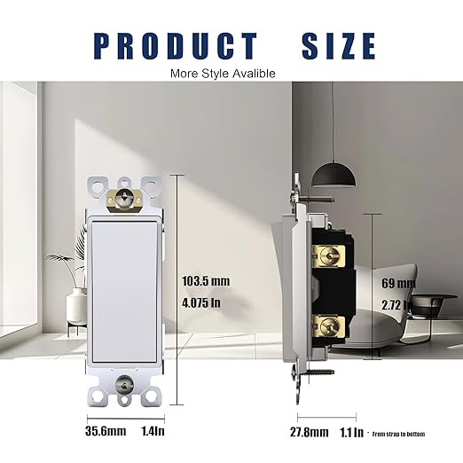 ThunderWay Single Pole Light Switch, Decorative Paddle Rocker Switch, Grounding Screw, UL Listed, Paddle Light Switch, 15A 120/277V, 50 Pack