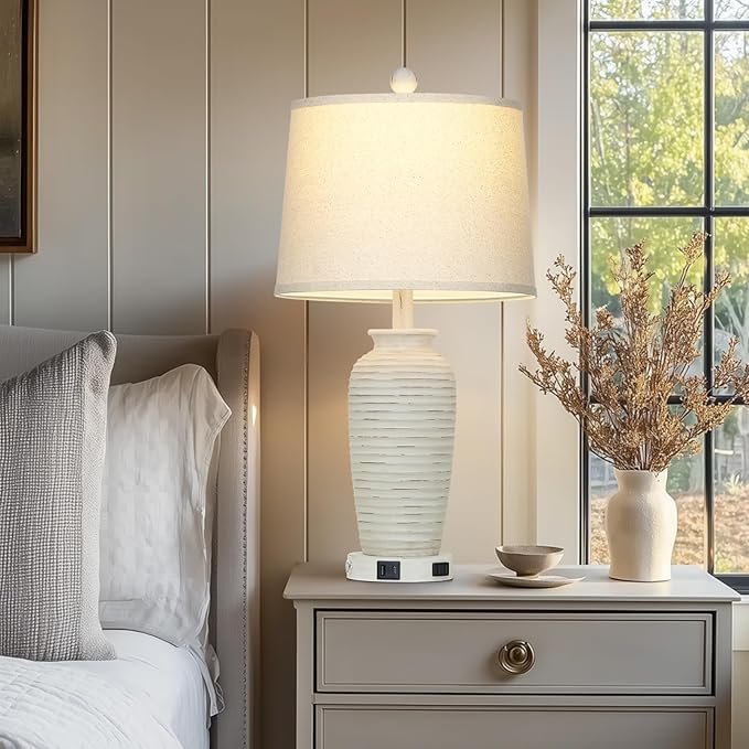 25" Retro White Farmhouse Jar Table Lamps Set of 2, 3 Way Touch Control Rustic Bedside Lamps with USB A+C Ports & AC Outlet, Pot Nightstand Lamps for Bedroom Living Room (LED Bulbs Included)