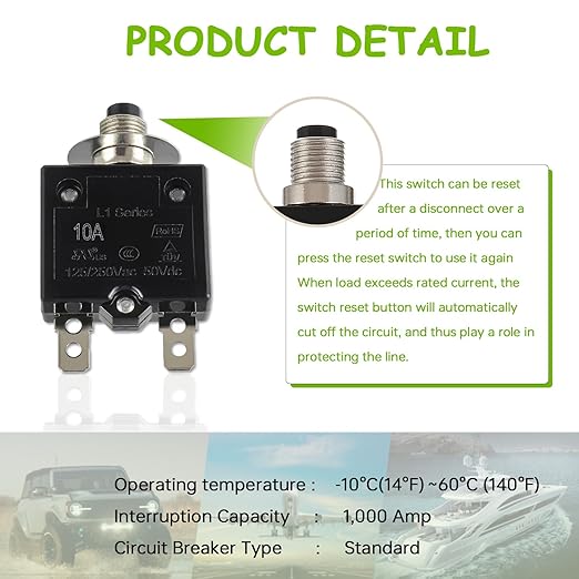 10A Manual Reset Push Button Circuit Breaker 125/250V AC 50V DC Thermal Overload Protector with Quick Connect Terminals and Waterproof Button Caps Assortment Kit(Pack of 2 pcs)