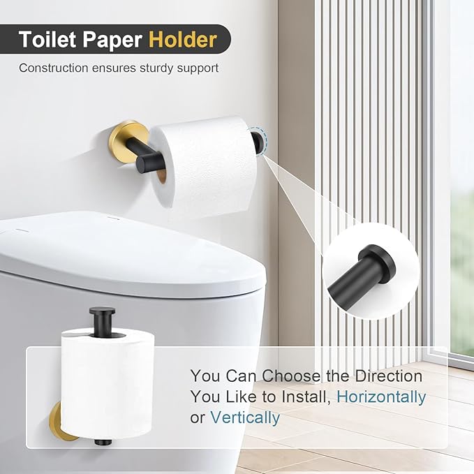 TQKAG Black and Gold Bathroom Accessory Set 5 Pieces, Round Stainless Steel Bath Towel Bar Set 23.6 Inch Towel Racks for Bathroom Wall Mounted