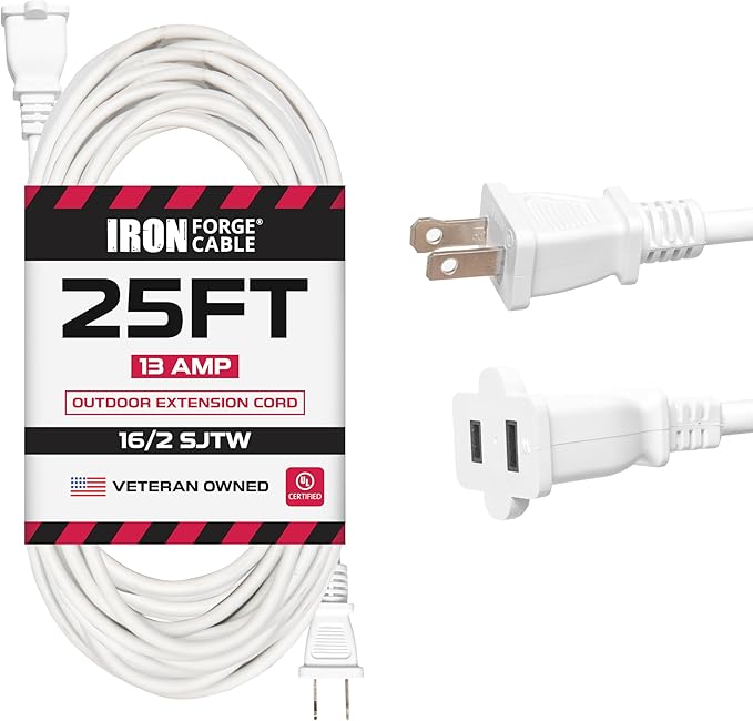 Iron Forge Cable 2 Prong Outdoor Extension Cord 25 ft, 16/2 SJTW 25 Foot White Extension Cord, Weatherproof - Great for Outdoor Lights, Deck, Patio