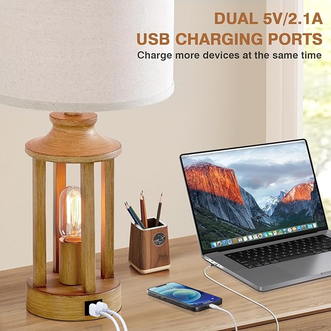 Touch Control Farmhouse Table Lamp Set of 2 with 2 USB Ports, 3 Way Dimmable Bedside Lamps with 2 LED Nightlight，Rustic Nightstand Lamps for Bedroom, Living Room Office (4 LED Bulbs Included)