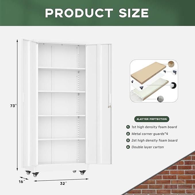 Greenvelly White Metal Storage Cabinet with Wheels, 73" Steel Garage Rolling Cabinet with Doors and 4 Shelves, Tall Locking Cabinets Tool Lockable Storage Cabinets for Basement, Pantry, Home Office