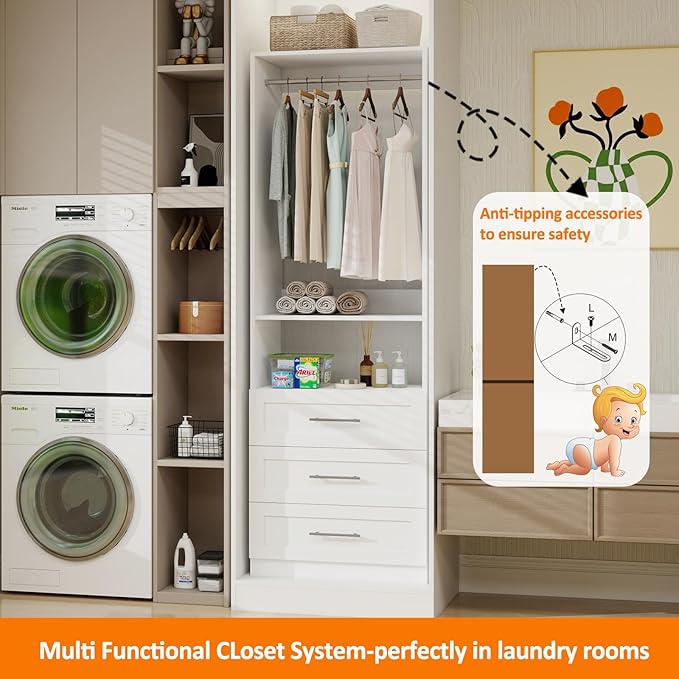 Closet System with 12Drawers, Modular Closet Organizer System with 8 Hanging Rod, Custom Closet Storage System for Small Walk-in Closet, 4 Sets,White (8FT)