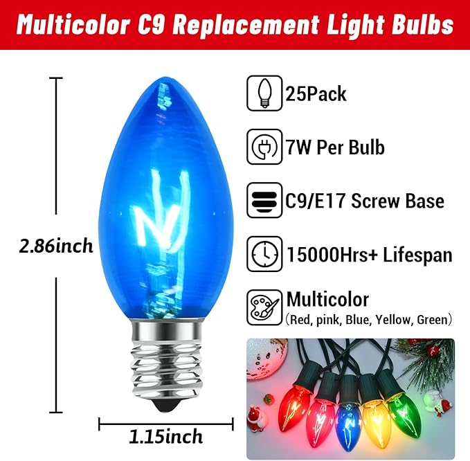 25 Pack C9 Replacement Bulbs Clear Multicolor Christmas Lights, C9 Colorful Light Bulb (Red, Blue, Green, Yellow, Pink) for Hanging Vintage Christmas Lights Outdoor, 7W, 120V