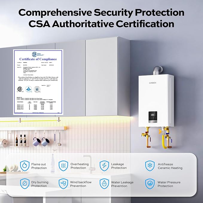 Propane Gas Tankless Water Heater - ORBEK 80,000 BTU Up to 3.6 GPM Indoor Installation - CSA Certified On-Demand Instant Hot Water Heater 3/4" NPT Connector Size