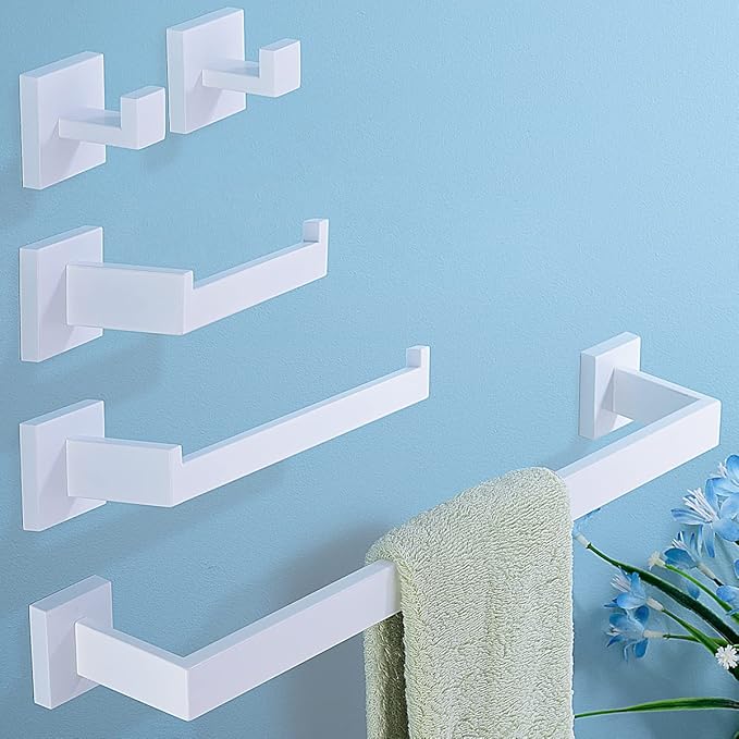 TRUSTMI Bathroom Hardware Accessories Set 5-Piece Square Towel Bar Assembly Stainless Steel Wall Mounted, White