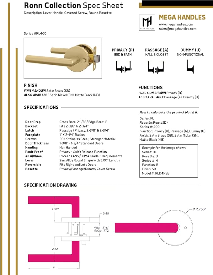 Mega Handles Ronn Privacy Lever & Lock Door Handle Set for Hallway, Closet and Bathroom, Keyless Lock, Heavy Duty Door Levers, Fits All Standard Door Sizes, Screws Included - Satin Nickel (1 Pack)