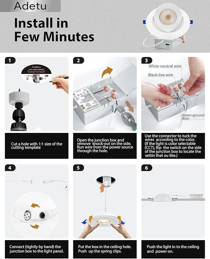 Adetu 6 Inch 360+90 Adjustable Directional Gimbal LED Recessed Lights, 5CCT Dimmable Retrofit Eyeball Can Recessed Lights with Jbox, White (6 Pack)