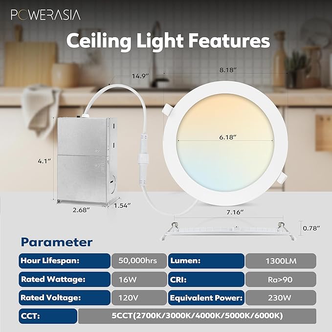 2 Pack Recessed Lighting 7 Inch with Junction Box, 5CCT 7 Inch LED Recessed Lights Dimmable 2700K/3000K/4000K/5000K/6000K, 16W 1300lm Ultra Thin Recessed Lighting - ETL and Energy Star Certified