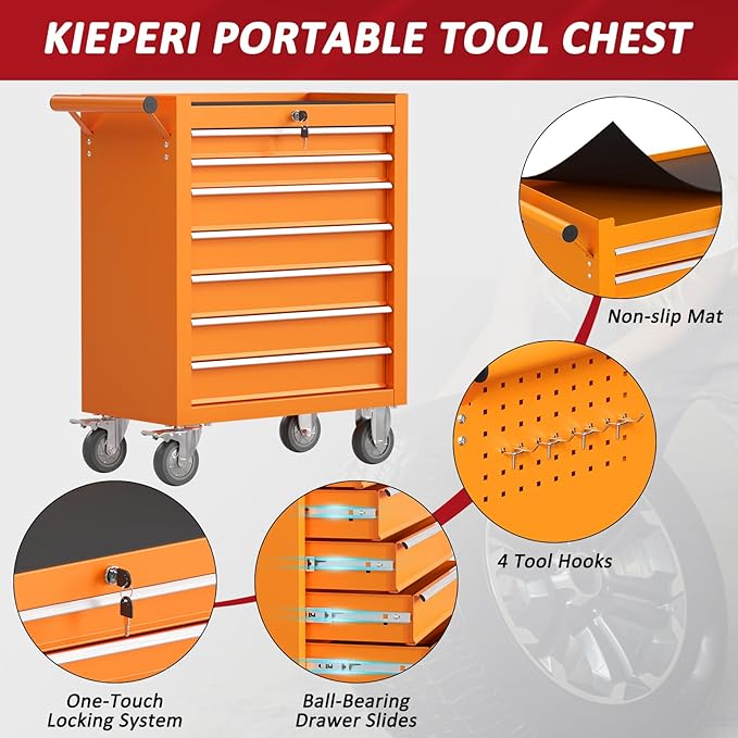 7 Drawers Rolling Tool Chest with Wheels, Portable Rolling Tool Boxes with Wheels, Tool Box Storage Cabinet with Locking System for Workshop(Orange, 7 Drawers)