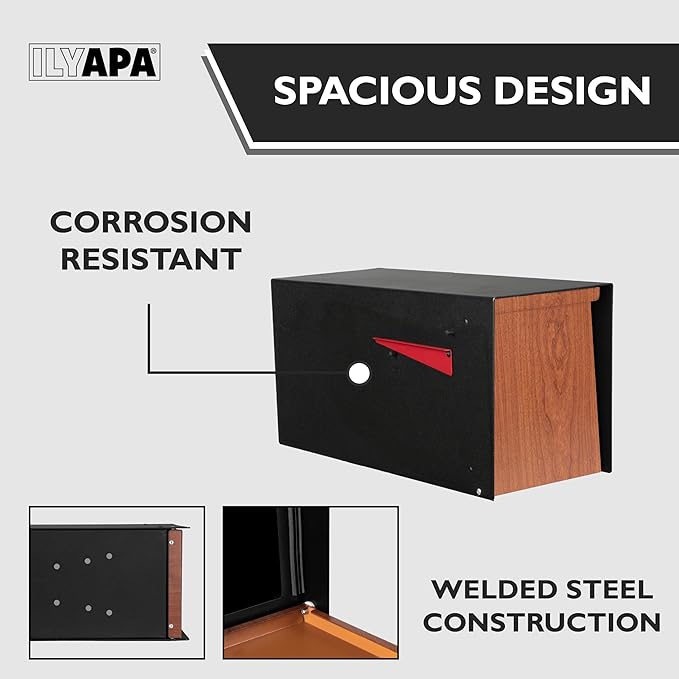 Ilyapa Modern Mailbox for Post Mount - Black Powder Coated Metal Mailbox with Ash Wood Door - Waterproof for Parcels, Recessed Magnetic Close Door