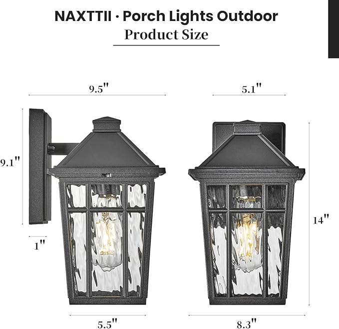 Outdoor Wall Sconce Waterproof Aluminum Porch Lights Outdoor with Water Ripple Glass 14 Inch Large Outdoor Light Fixtures Wall Mount for Patio Yard Doorway Garage