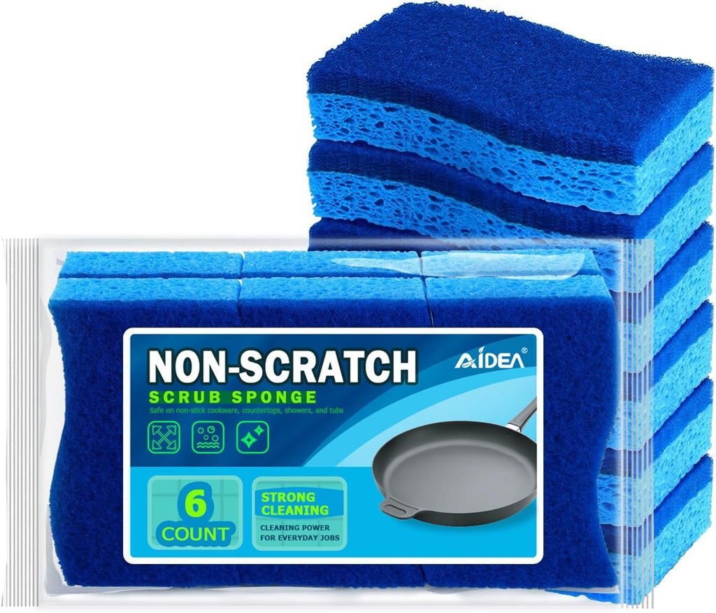 AIDEA Sponges Kitchen, Non Scratch Scrub Sponge, 6Count, Sponges for Non Stick Cookware, Cleaning Sponge for Dishes, Cleans Fast Without Scratching, Cleaning Power for Kitchen, Bathroom, Household