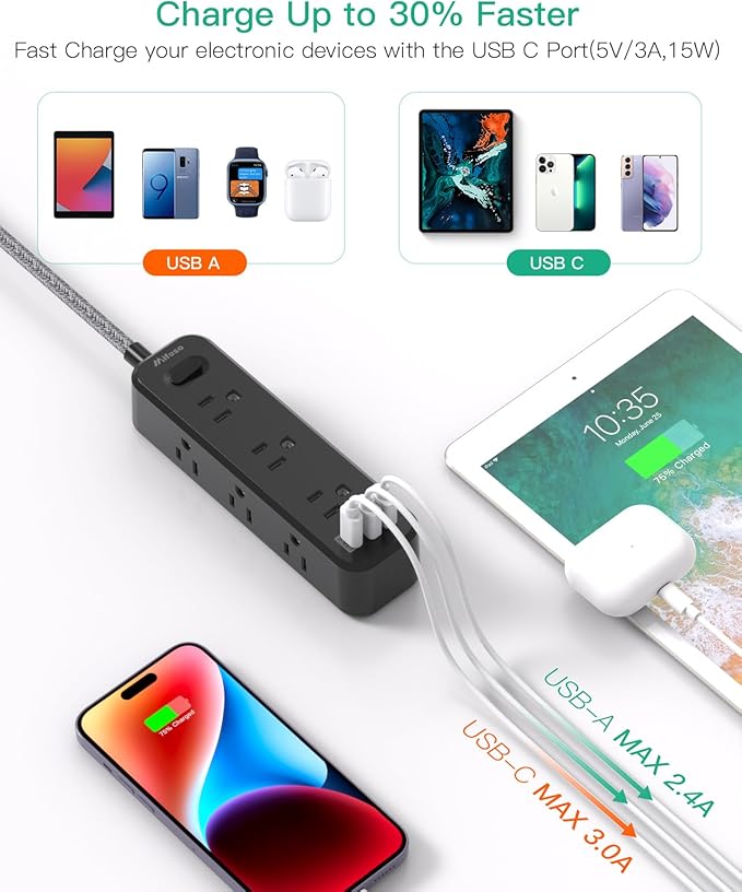 Mifaso Extension Cord, Surge Protector Power Strip, Long Extension Cord with 9 Outlets 3 USB Ports, Extension Cord with Multiple Outlets, USB Power Strip for Dorm Room Essentials, College (15FT,Black)