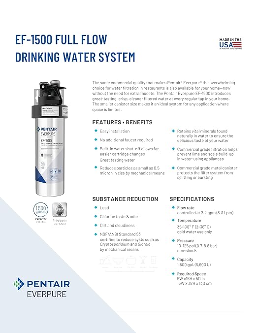 Pentair Everpure EF-1500 Full Flow Drinking Water System, EV985800, NSF Certified to Reduce Lead, includes Filter Head, Filter Cartridge, All Hardware and Connectors, 1,500 Gallon Capacity, 0.5 Micron