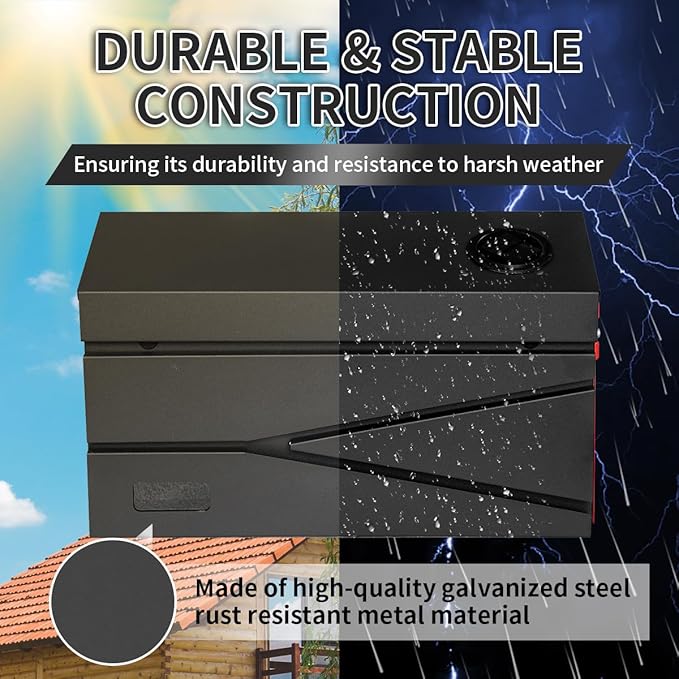 Wall Mount Mailbox, Large Capacity Mailbox for House, with Flag, Visibility Galvanized Steel Rust-Proof Metal Post Drop Box, Mailboxes for Outside, 15.74"×9.84"×4.33" Solar Lanterns Black