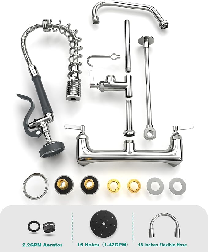 Commercial Faucet with Sprayer 21" Height 8" Center Wall Mount Kitchen Sink Faucet Brass Constructed Polished Chrome Pre-Rinse Device with Coilded Spring and 10" Add-on Spout