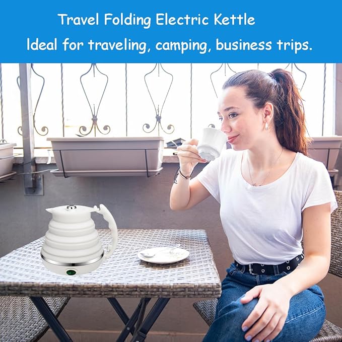 Ultrathin Upgraded Food Grade Silicone Travel Foldable Electric Kettle Boil Dry Protection Portable with Dual Voltage and Separable Power Cord,555ML 110-220V US Plug