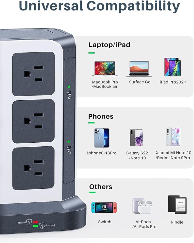 KOOSLA [65W] PD Power Strip Tower Surge Protector, USB C Desktop Charging Station with 12 Widely Spaced AC Outlets / 2 USB-C / 3 USB-A Ports, 6.5ft Heavy-Duty Extension Cord for Home Office Dorm…