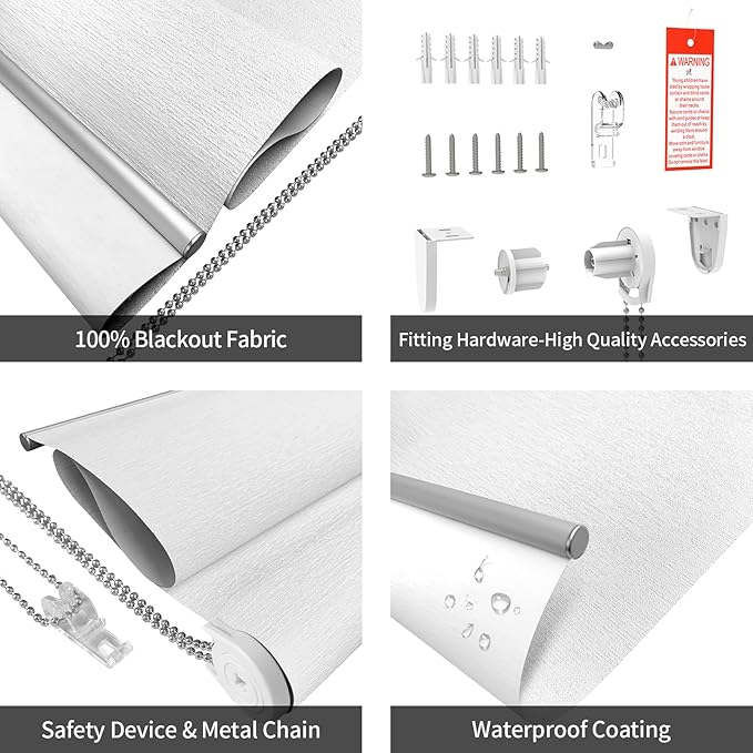 ALLBRIGHT 100% Blackout Roller Blinds Woven Shades with Striped Jacquard, Cordless Window Shades, UV Protection Fabric, Easy-Install for Indoor Home & Office, White, 30" W x 72" H