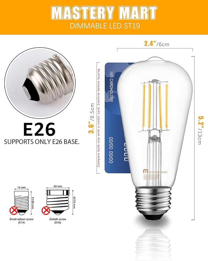 MASTERY MART 16 Pack Vintage Edison Bulbs, E26 Led Bulb 5.5W Equivalent to 60W, Dimmable, 2700K Soft White, High Brightness Antique ST19, Clear Glass