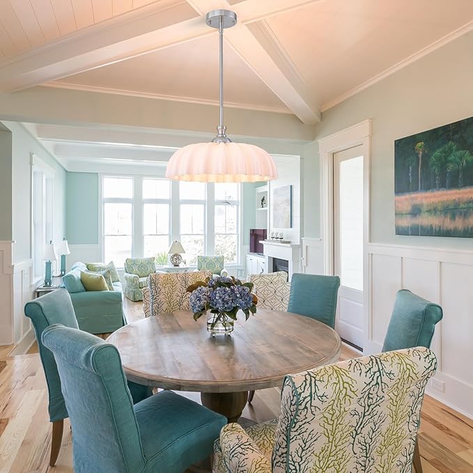 15.7" Vintage Flower Brushed Nickel Chandelier - Adjustable Height White Milk Glass Shades Pendant Light Fixture for Kitchen Island, Dining Room, Bedroom