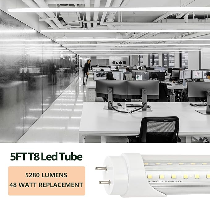 6 Pack 5FT T8 LED Tube Light 48W G13 Bi-Pin Cap 6000K Cool White with Dual Row LEDs T8 T10 T12 Fluorescent Light Bulbs Replacement 5 Foot Shop Lights