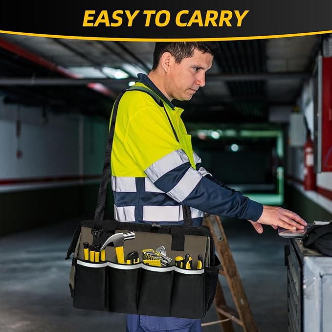 Tool Bag, Portable Tool Box Organizer Adjustable Shoulder Strap, Carry Tool Tote Heavy Duty Tool Storage Bag With Wide Mouth,Tool Bags for Men Mechanic EngineerGift - L, Coffee & Black