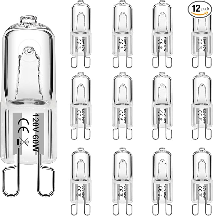G9 Bulb 60W G9 Halogen Light Bulbs 2 Pin for Range Hood Lights, Microwave Ovens, Bathroom Light Bulbs, Chandeliers 120V 2700K Warm White 12 Pack