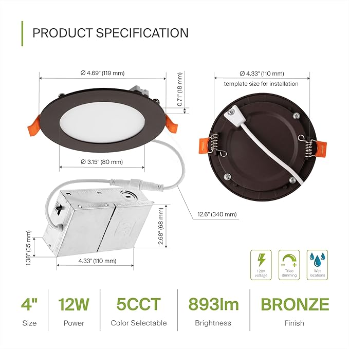 ASD 6 Pack LED Recessed Lighting 4 Inch 12W, 5 CCT 2700K-5000K CRI90+, IC Rated Ultra Thin Dimmable Ceiling Lights with J Box, Canless Wafer Downlight, Round Slim Panel Light, UL Listed, Bronze