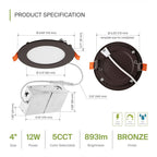 ASD 6 Pack LED Recessed Lighting 4 Inch 12W, 5 CCT 2700K-5000K CRI90+, IC Rated Ultra Thin Dimmable Ceiling Lights with J Box, Canless Wafer Downlight, Round Slim Panel Light, UL Listed, Bronze