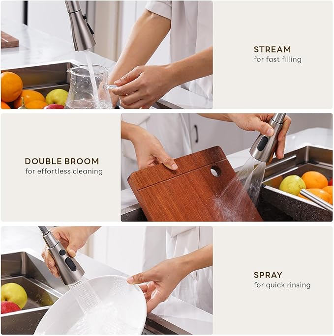 APPASO 2 Hole Kitchen Faucet, S304 Stainless Steel Two Holes Kitchen Sink Faucets with Pull Down Sprayer 3 Modes, Brushed Nickel High Arch Modern Faucet with Side Single Seperate Handle 2 Pieces