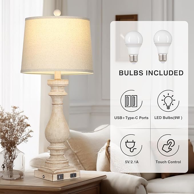 27.5" Farmhouse Table Lamp for Living Room Set of 2,Vintage Bedside Lamps with USB C+A Ports & AC Outlet,3-Way Dimmable Touch Control White Washed Finish Nightstand Lamp for Bedroom,Beige