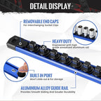 Magnetic Socket Organizer, 3-Piece Heavty Duty Aluminum Socket Holder, Socket Rail for Tool Box, Premium Quality 360° Swivel Socket Rack with 42 Clips for 3/8-Inch(Blue)