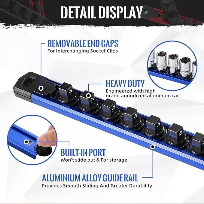 Magnetic Socket Organizer, 1-Piece Heavty Duty Aluminum Socket Holder, Socket Rail for Tool Box, Premium Quality 360° Swivel Socket Rack with 12 Clips for 1/2-Inch(Blue)
