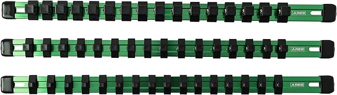 ARES 60045-3-Piece 17-Inch Green Aluminum Socket Rail Set - 1/4-Inch, 3/8-Inch, and 1/2-Inch Drive Socket Organizers Hold 48 Sockets