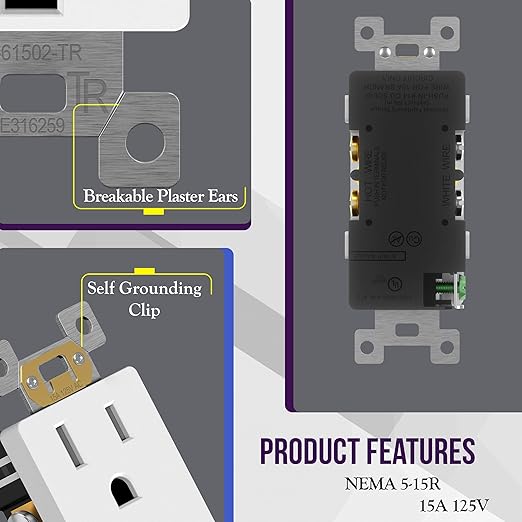 ENERLITES Matte White Decorator Receptacle, Standard Electrical Wall Outlet, 15A 125V, Self-Grounding, 2-Pole, 3-Wire, 5-15R, UL Listed, 61502-TR-MW, 10 Pack, Tamper Resistant