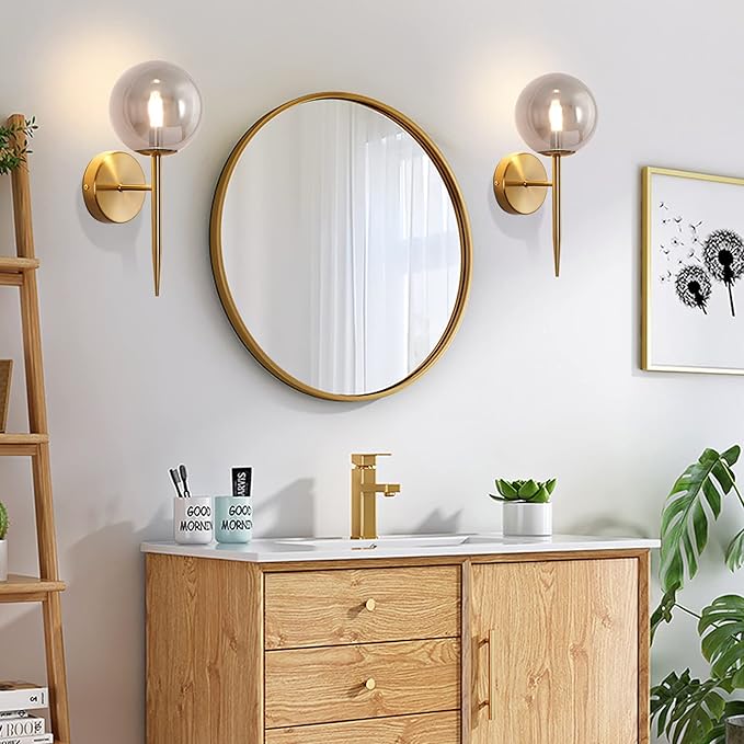 SeeU Gold Wall Sconces Mid Century Style Set of 2,Brass Wall Lamp Fixture,Vanity Light Fixture Wall Lamp with Grey Globe