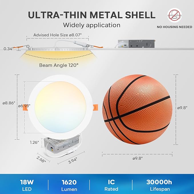 LVWIT Ultra-Thin Recessed Lighting 8 Inch with Junction Box, 1620LM High Luminance 2700K-5000K 5CCT LED Ceiling Lights, Dimmable Canless Wafer Downlight, ETL,FCC&IC, Smooth Trim, 6 Pack