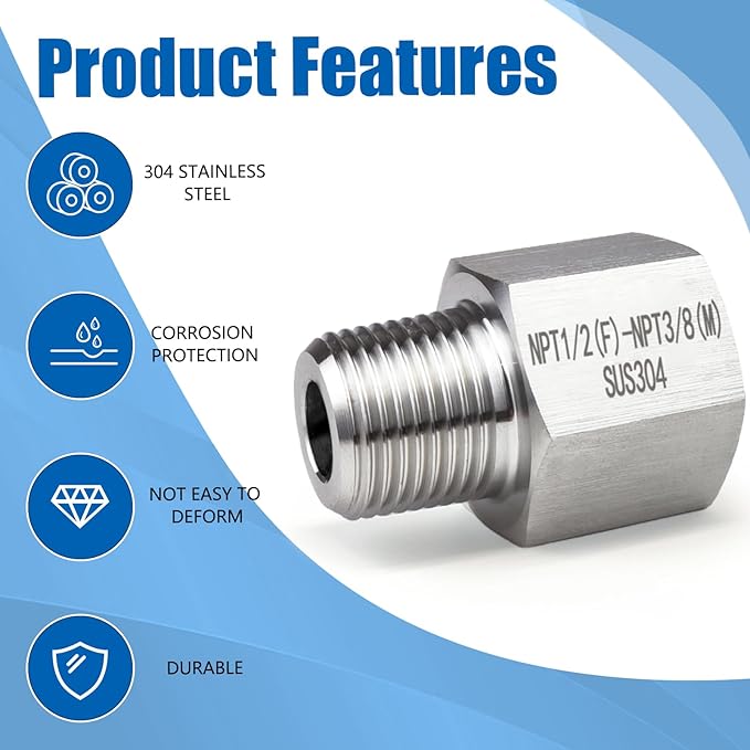 2 pieces Npt1/2 Female to Npt3/8 Male Reducer,Water pipe Adapter, Fabricate of 304 Stainless Steel