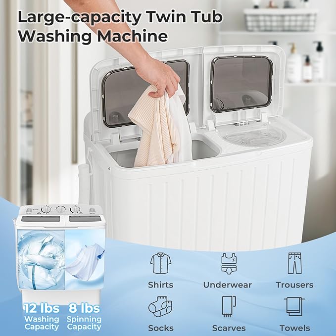 ARLIME Portable Washing Machine, Twin Tub Compact Laundry Washer w/Built-in Gravity Drain, 20 lbs Capacity, 12 lbs Washing & 8 Pound Spinning, Washer & Spinner Combo for Home Apartments Dorms & RVs